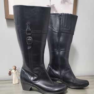 Clarks Black Leather Heeled Boots